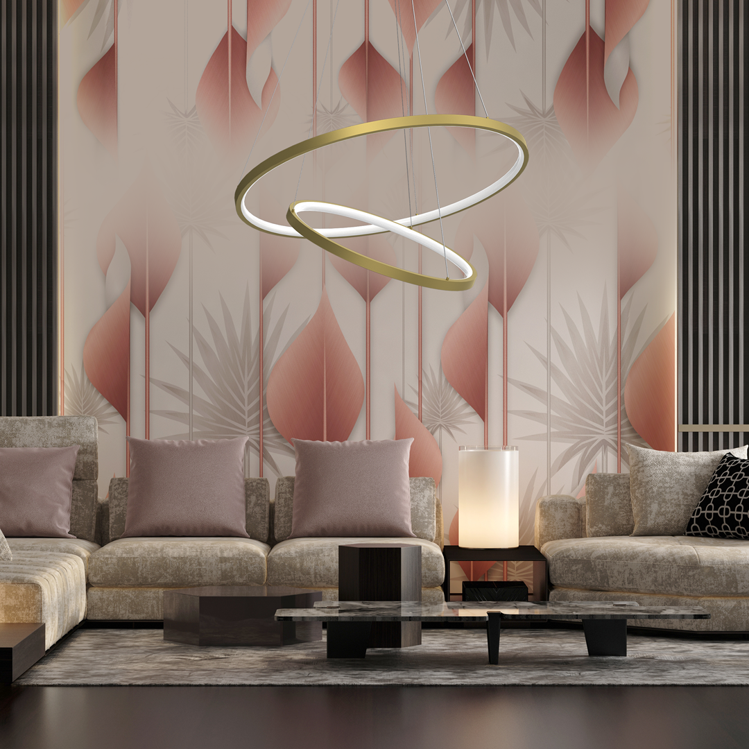 Lampa wisząca Hoop 2xLED/57W w kolorze złotym, z dwoma okrągłymi pierścieniami. Zawieszona w nowoczesnym wnętrzu, otoczona pastelowymi odcieniami ścian i eleganckimi meblami. Idealna do aranżacji salonu.