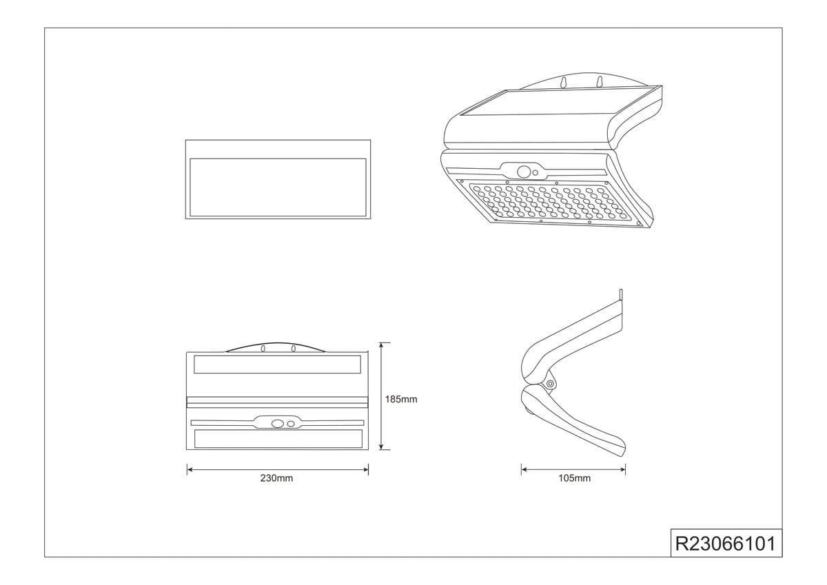 Kinkiet zewnętrzny Macapa, biały, z czujnikiem ruchu i zmierzchu, wykonany z tworzywa sztucznego. Posiada panel solarny na górze oraz 1xLED/5W. Kąt ujęcia pokazuje produkt z przodu, z widocznymi wymiarami: 230 mm x 185 mm x 105 mm.