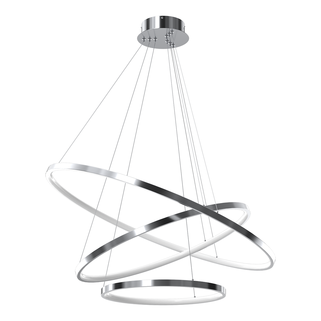 Lampa wisząca Hoop z trzema okręgami LED, chromowana, zawieszona na cienkich linkach. Okręgi mają matowe wnętrze i błyszczące krawędzie, w eleganckim, nowoczesnym stylu. Idealna do wnętrz o minimalistycznym charakterze.
