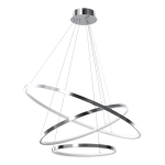 Lampa wisząca Hoop z trzema okręgami LED, chromowana, zawieszona na cienkich linkach. Okręgi mają matowe wnętrze i błyszczące krawędzie, w eleganckim, nowoczesnym stylu. Idealna do wnętrz o minimalistycznym charakterze.