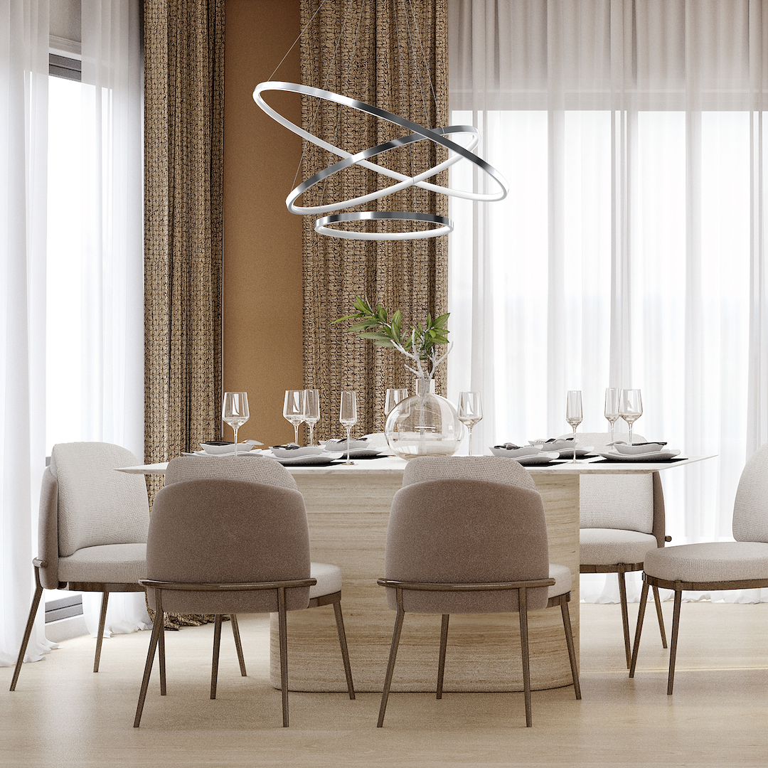 Lampa wisząca Hoop 3xLED/93W w kolorze chromu, zawieszona nad okrągłym stołem. Posiada trzy spiralne pierścienie, tworząc nowoczesną kompozycję. Tło z jasnymi zasłonami i naturalnymi tonami wnętrza, z eleganckimi nakryciami stołowymi.