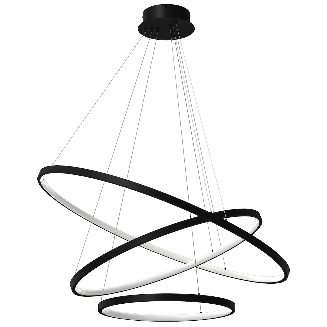 Lampa wisząca Hoop z trzema okrągłymi pierścieniami LED w kolorze czarnym. Okręgi różnej wielkości zawieszone na cienkich linkach. Nowoczesny design, idealna do aranżacji wnętrz. Wymiary: średnice okręgów różne.