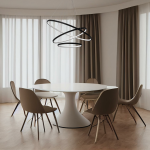 Lampa wisząca Hoop w kolorze czarnym z trzema okrągłymi elementami LED, zawieszona nad białym stołem w nowoczesnym wnętrzu z brązowymi zasłonami i krzesłami, podkreślająca elegancki design przestrzeni.