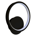 Kinkiet LED Hoop w czarnym kolorze, moc 7W. Okrągły kształt z białym podświetleniem, zamontowany na okrągłej podstawie. Widok frontalny, ukazujący minimalistyczny design i delikatne detale. Idealny do nowoczesnych wnętrz.