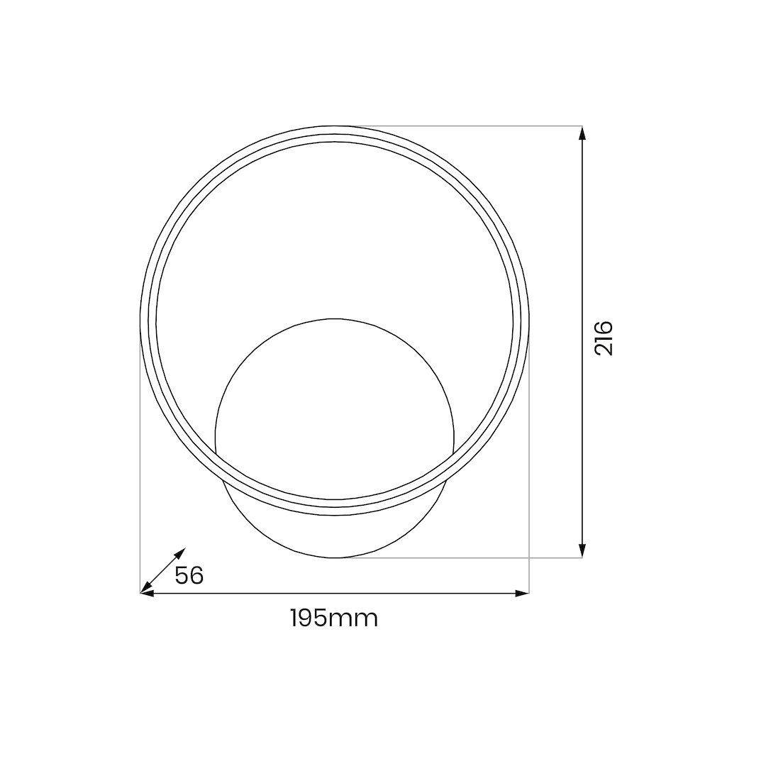 Kinkiet LED o mocy 7W w kolorze czarnym, okrągły kształt z wymiarami 195 mm średnicy i 216 mm wysokości. Ujęcie frontalne, pokazujące szczegóły konstrukcji. Minimalistyczny design idealny do nowoczesnych wnętrz.