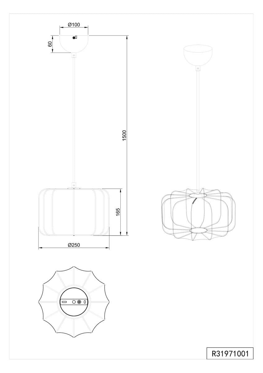Lampa wisząca Madeline D25 z oprawą w kolorze czarnym i białym, z gniazdem E27. Ma prostokątny kształt o wymiarach 250 mm szerokości i 165 mm wysokości. Kabel o długości 1500 mm. Widok frontalny i z góry.