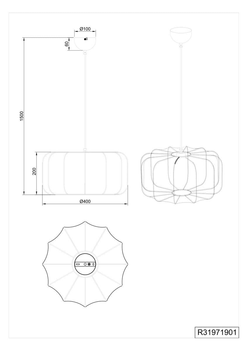 Lampa wisząca Madeline D40 w kolorze czarnym i białym, z oprawą na jedną żarówkę E27. Prezentowana z boku, z widocznym okrągłym kloszem o średnicy 40 cm i zawieszeniem długości 150 cm. Prosty, elegancki design z geometrycznym kształtem.