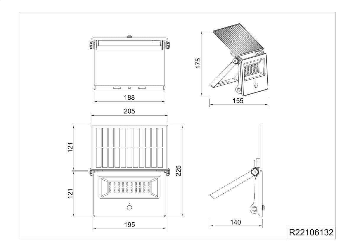 Moura kinkiet zewnętrzny solarny z czujnikiem ruchu, kolor czarny. Posiada panel słoneczny oraz jedną diodę LED o mocy 18W. Widok z boku, w pozycji stojącej. Wymiary: 205 mm szerokości, 225 mm wysokości, 140 mm głębokości.