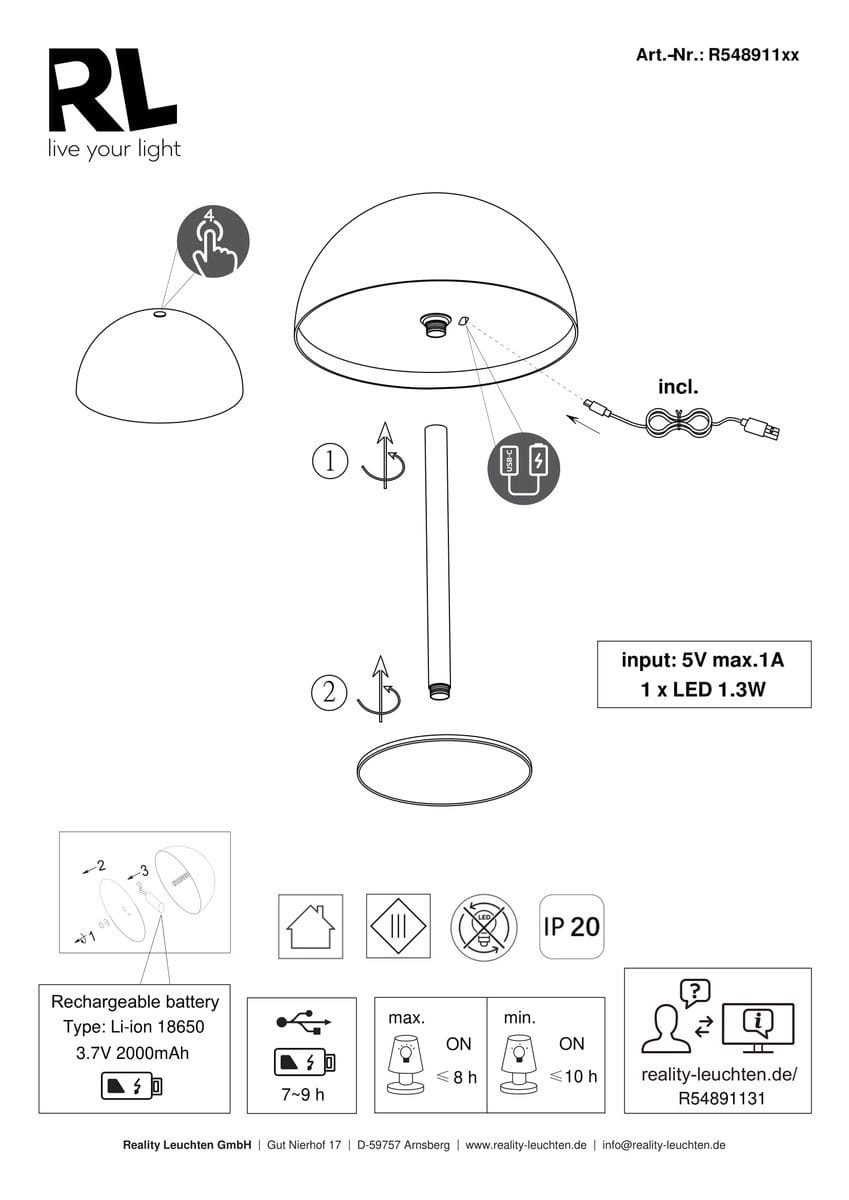 Lampa stołowa Munoz, biała, z jedną żarówką LED o mocy 1,3W. Kształt okrągły z przezroczystym kloszem. Ujęcie z góry, pokazujące elementy montażowe oraz dołączony kabel. Idealna do użytku wewnętrznego, IP20.