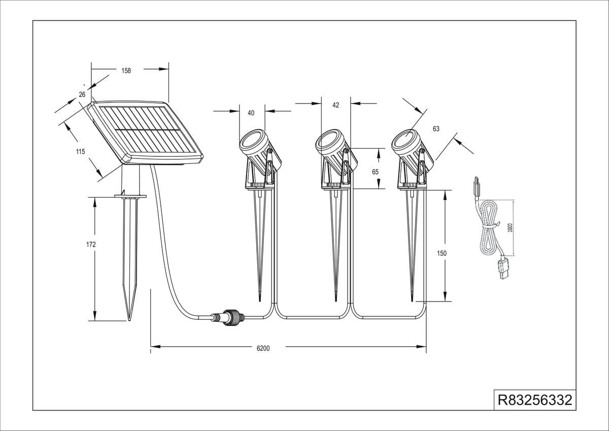 Zestaw trzech opraw dogruntowych solarnych Obidos w kolorze czarnym. Każda oprawa ma 3 diody LED o mocy 1,5W i temperaturze barwowej 4000K. Oprawy mają stożkowe podstawy do montażu w ziemi oraz panel słoneczny, połączony przewodem.