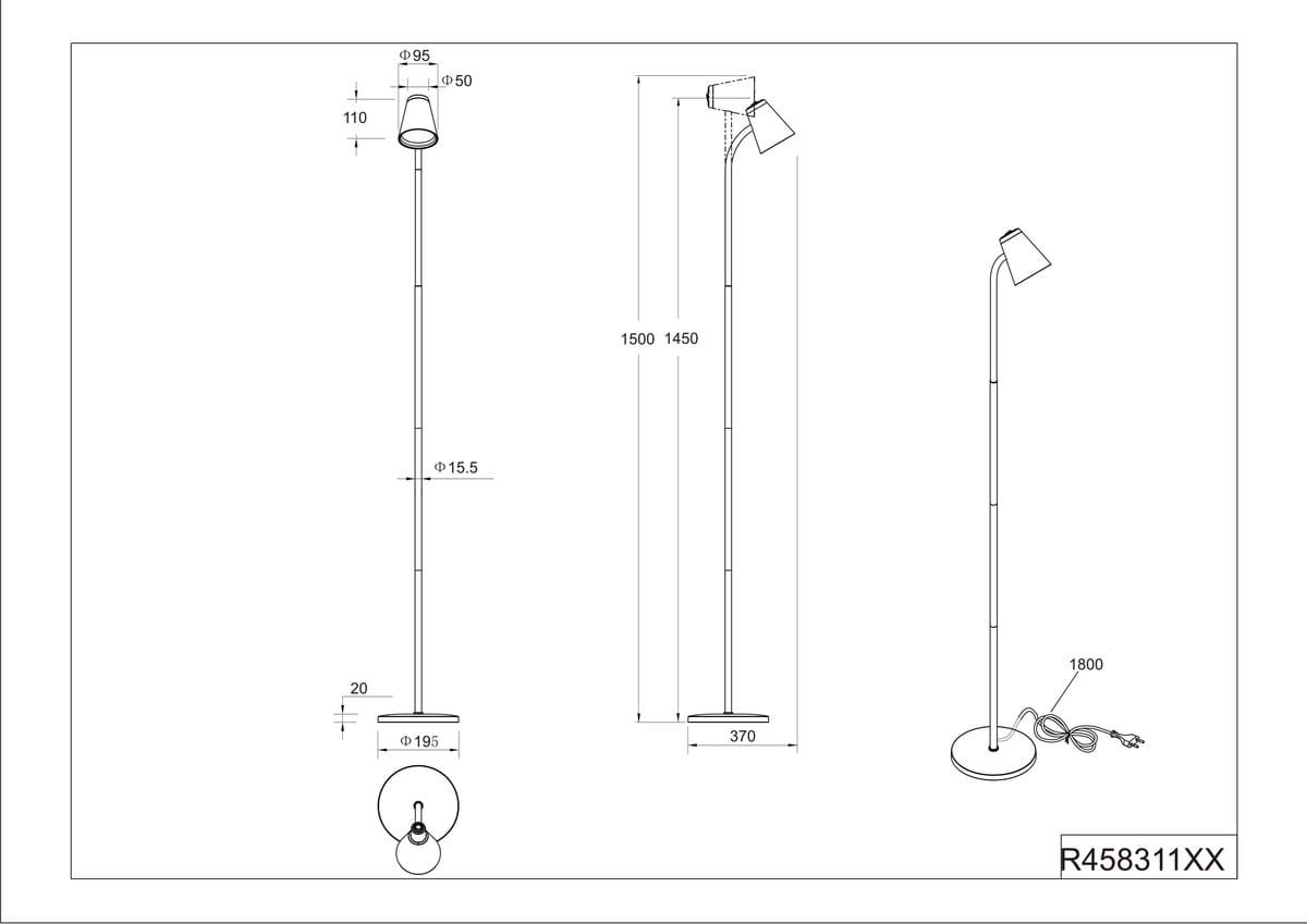 Lampa podłogowa Pongo w kolorze czarnym, z jedną żarówką LED 4,5W. Ma smukły, prosty kształt z okrągłą podstawą o średnicy 195 mm i regulowany klosz. Wysokość lampy to 1500 mm. Zasilanie przez kabel z wtyczką.