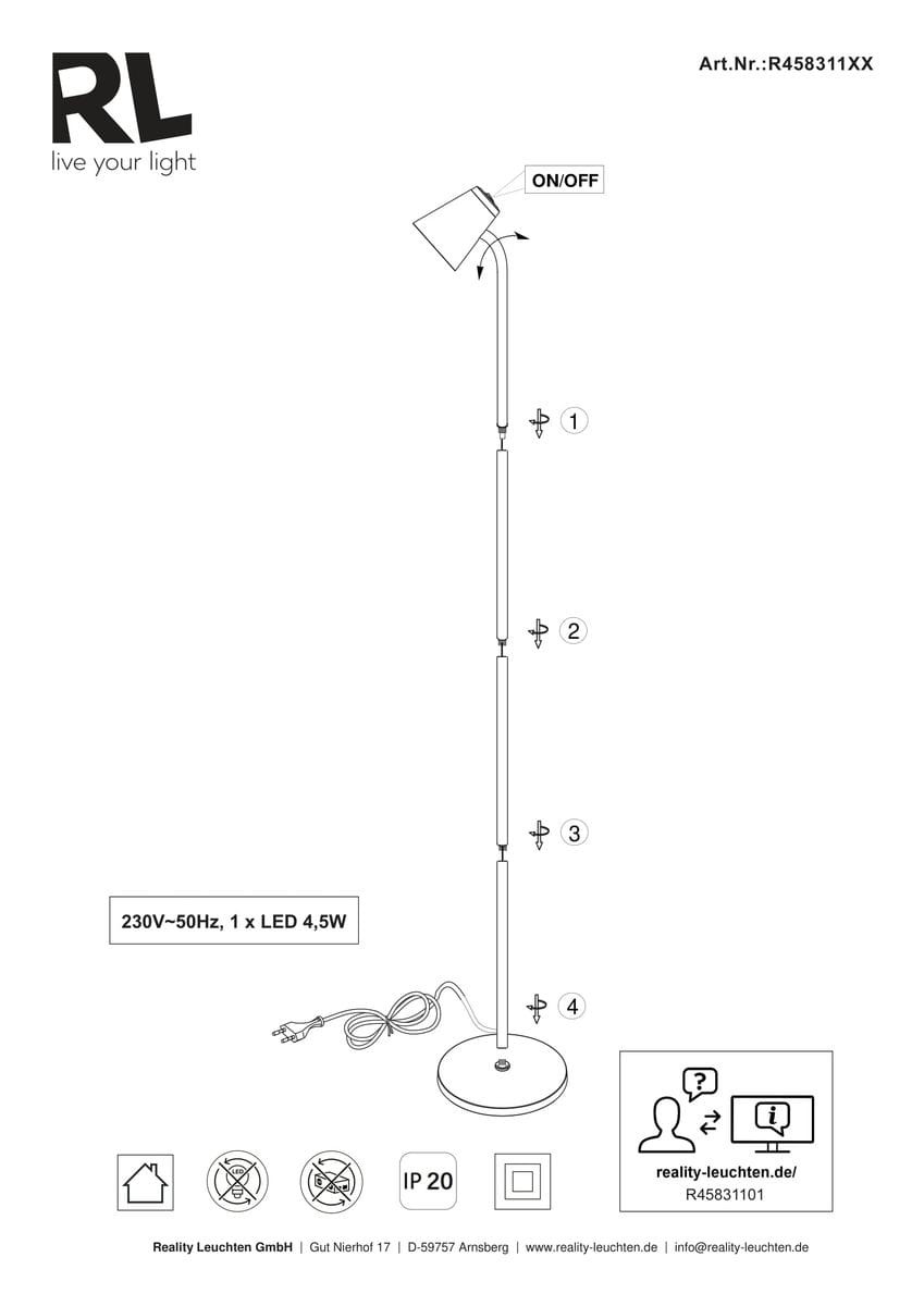 Czarna lampa podłogowa Pongo z jedną żarówką LED o mocy 4,5W. Stojąca konstrukcja z prostą, metalową podstawą i elastycznym ramieniem do regulacji kąta padania światła. Włącznik ON/OFF na głowicy lampy.