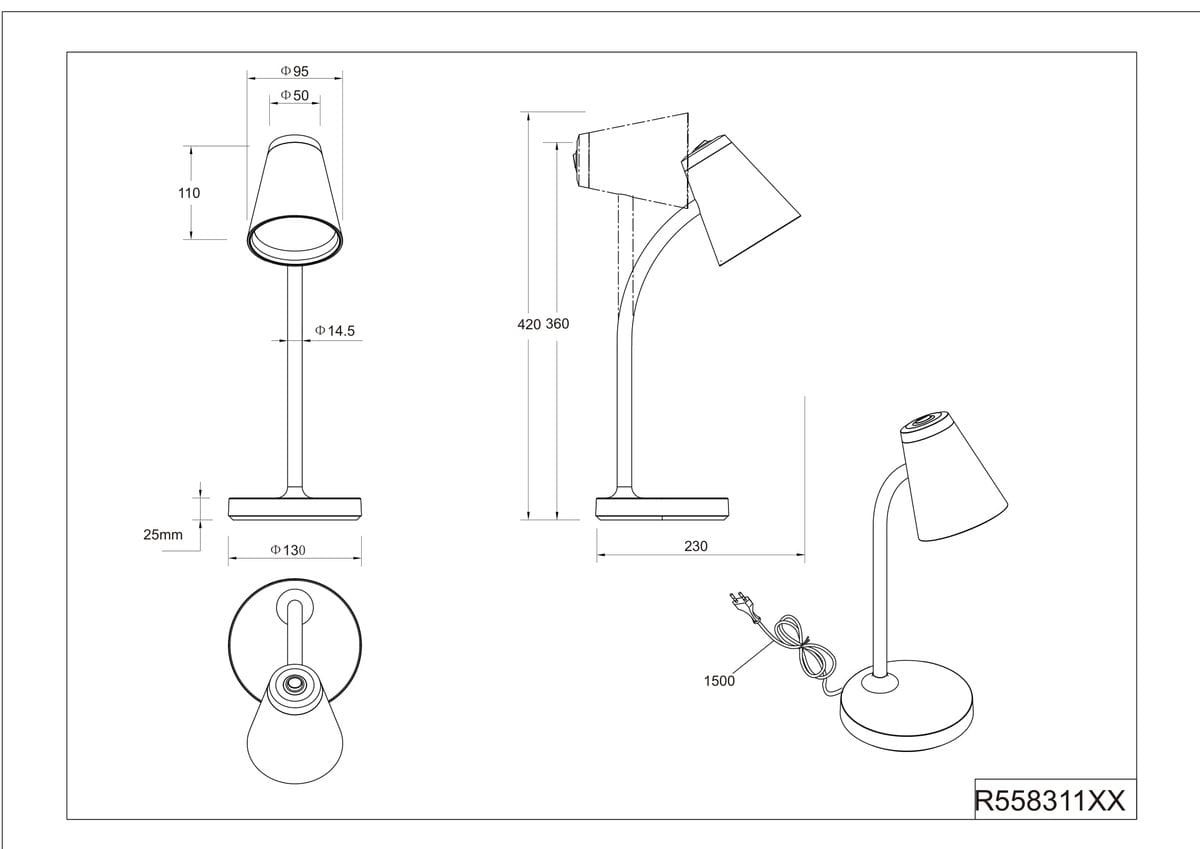Zielona lampa biurkowa Pongo z jedną diodą LED 4,5W, z regulowanym kloszem w kształcie stożka. Stojąca, z prostą podstawą, z elastycznym ramieniem. Wymiary klosza: średnica 95 mm, wysokość 110 mm; wysokość całkowita 420 mm. Kabel o długości 1500 mm.