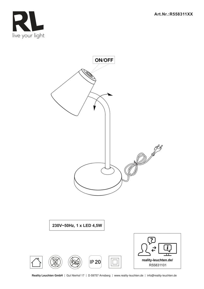 Lampa biurkowa Pongo w kolorze zielonym z pojedynczym źródłem światła LED o mocy 4,5W. Posiada regulowane ramię i podstawę okrągłą. Widoczny przycisk włączania/wyłączania na górze klosza. Kabel z wtyczką z boku.