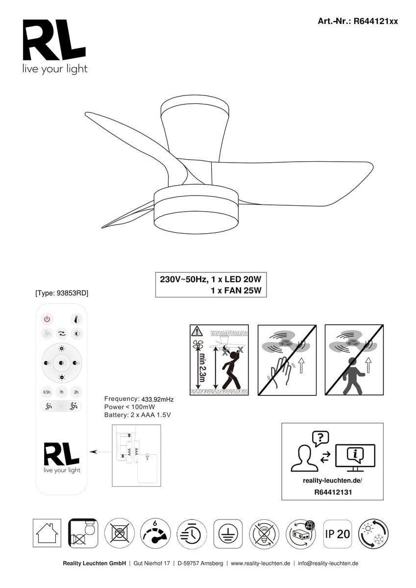 Lampa sufitowa Randers z wentylatorem, biała, z 1xLED 20W. Posiada nowoczesny design z okrągłym kloszem i trzema łopatkami wentylatora. W zestawie pilot do zdalnego sterowania. Ujęcie frontalne, produkt wiszący.