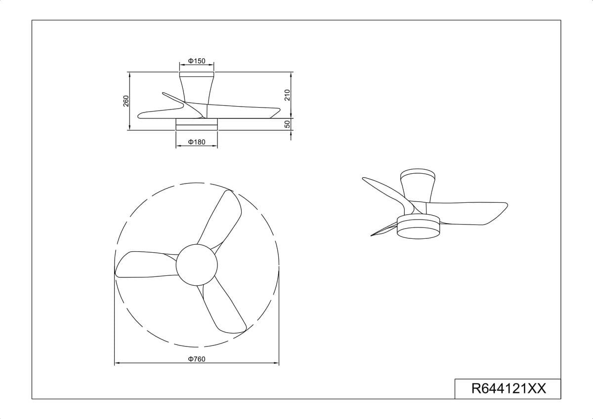 Randers lampa sufitowa z wentylatorem, biała, z pilotem, z jedną diodą LED o mocy 20W. Widok z boku i z góry, z trzema skrzydłami wentylatora, średnica 760 mm. Wymiary korpusu: 150 mm wysokości, 180 mm średnicy.