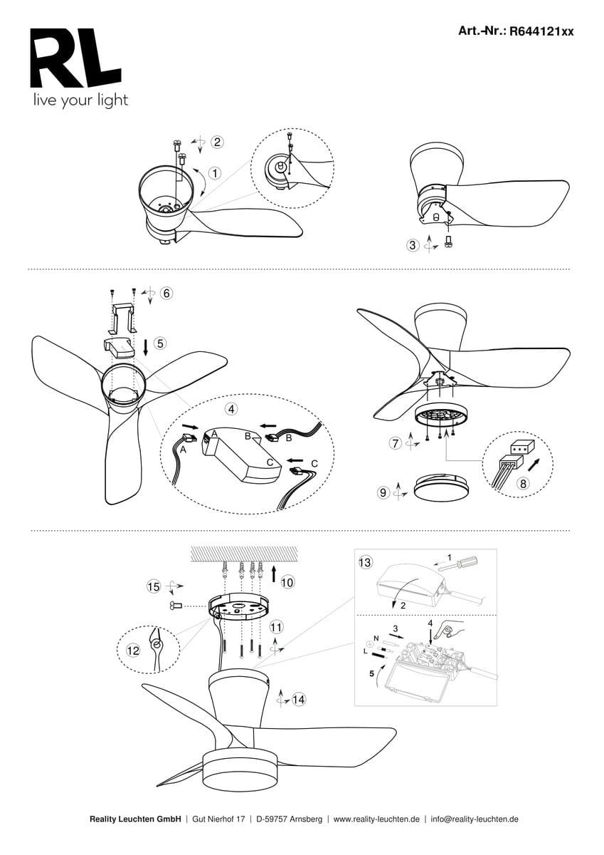 Czarna lampa sufitowa z wentylatorem, model Randers, z pilotem. Posiada jeden moduł LED o mocy 20W oraz funkcję zmiany temperatury barwowej światła. Widziana z boku, z widocznymi łopatkami wentylatora i eleganckim, nowoczesnym designem.
