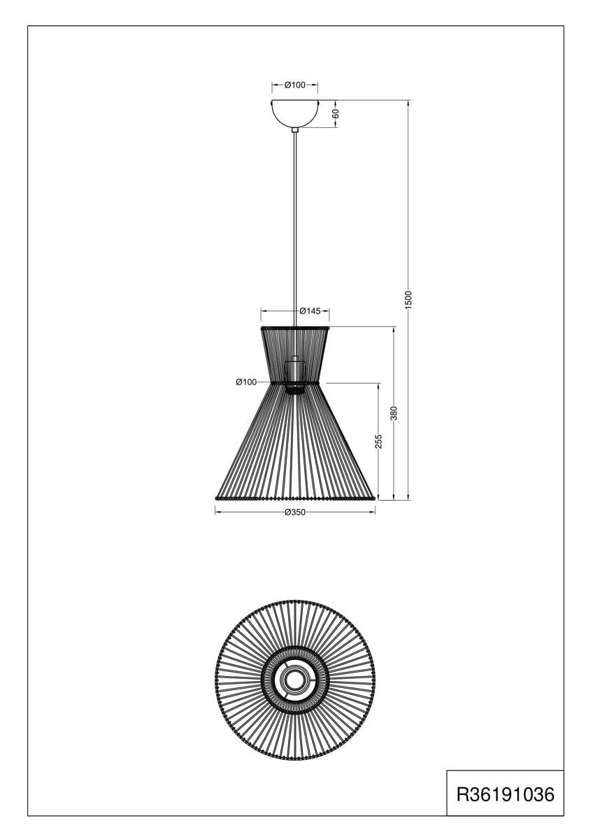 Lampa wisząca Rosalie w kolorze czarnym i brązowym, z kloszem w kształcie stożka. Ujęcie frontalne z wymiarami: średnica klosza 35 cm, wysokość 25,5 cm. Zawieszona na cienkim przewodzie, zakończona okrągłym elementem mocującym.