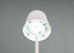 Lampa stołowa zewnętrzna Diaz w kolorze białym, widok od spodu. Posiada jedną diodę LED o mocy 1,6W. Wyraźnie widoczne elementy montażowe oraz źródło światła w formie okrągłej płytki z diodami. Prosta, nowoczesna konstrukcja.