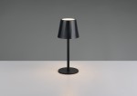 Czarna lampa stołowa zewnętrzna Diaz, z jedną diodą LED o mocy 1,6W, posiada cylindryczny klosz oraz okrągłą podstawę. Ujęcie frontalne na białym blacie, z subtelnym podświetleniem. Idealna do aranżacji przestrzeni na świeżym powietrzu.