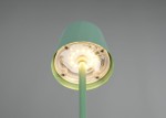 Lampa stołowa zewnętrzna Diaz w kolorze zielonym, z widoczną podstawą i źródłem światła LED o mocy 1,6W. Ujęcie z dołu, ukazujące wnętrze klosza oraz elementy mocujące. Prosta konstrukcja, idealna do ogrodu lub na taras.