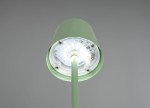 Zielona lampa stołowa zewnętrzna Diaz, widok od dołu. Metalowa podstawka z wbudowanym źródłem światła LED (1x1,6W), przejrzysta osłona z diodami. Prosta konstrukcja z długim, cienkim stelażem.