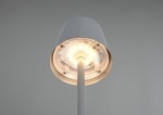 Lampa stołowa zewnętrzna Diaz w ciemnoszarym kolorze, z widocznym kloszem i podstawą. Wnętrze klosza z diodami LED o mocy 1,6W. Ujęcie z dołu, pokazujące źródło światła oraz elementy montażowe.