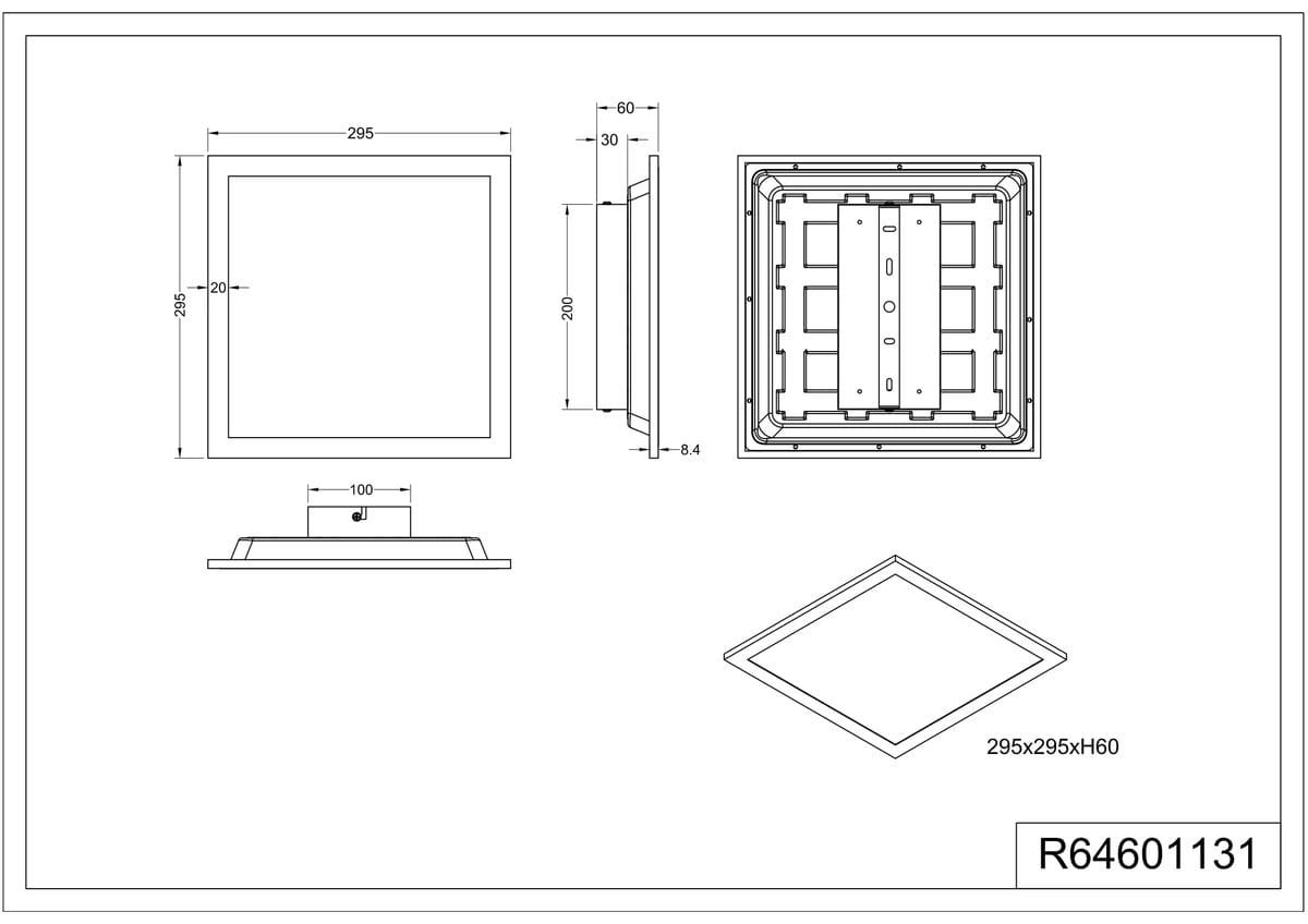 Plafon Sirius z czujnikiem ruchu, biały, kwadratowy o wymiarach 295x295x60 mm, z zamontowanym źródłem LED 19W. Widok z przodu, ukazujący prostą, nowoczesną formę oraz szczegóły mocowania.