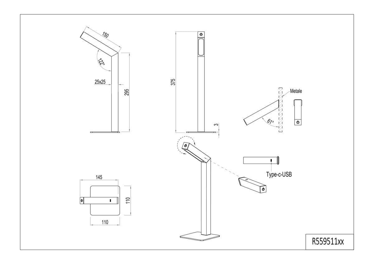 Lampa stołowa Skip bezprzewodowa, wykonana z jasnego drewna, z wbudowanym źródłem światła LED 2W. Posiada regulowany kąt nachylenia oraz port USB typu C. Wymiary: wysokość 375 mm, szerokość podstawy 145 mm, grubość 3 mm.