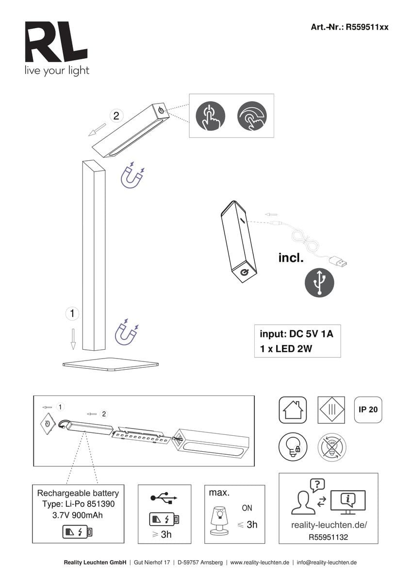 Lampa stołowa bezprzewodowa Skip w jasnym drewnie, z jedną diodą LED o mocy 2W. Ujęcie frontalne, produkt leżący na płaskiej powierzchni. Prosty, nowoczesny design z minimalistycznym kształtem. Widoczny port USB do ładowania.