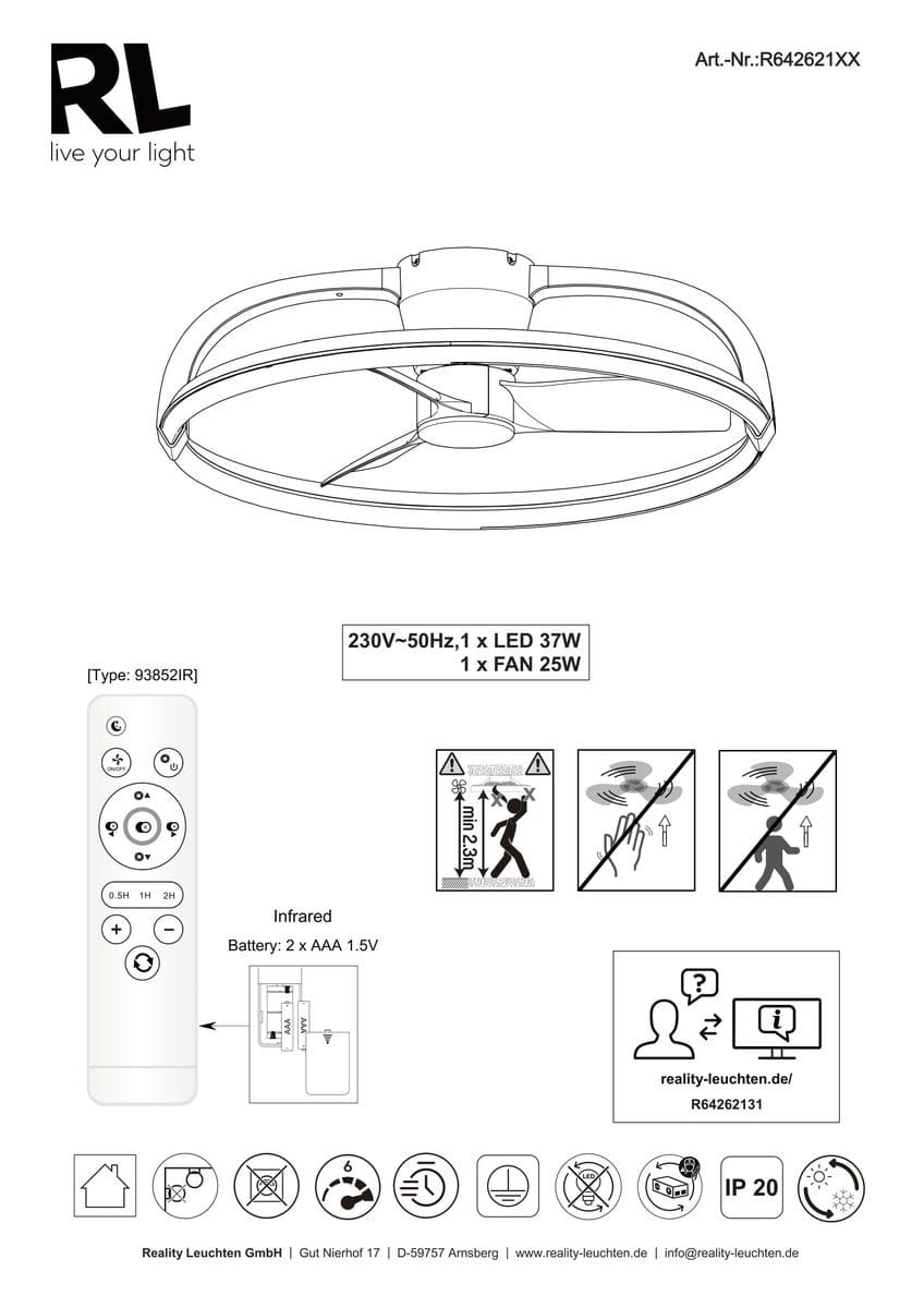 Czarna lampa sufitowa Stockholm z wentylatorem, pilotem i diodą LED 37W. Owalny kształt z widocznymi skrzydłami wentylatora. Przeznaczona do montażu sufitowego, z możliwością regulacji. W zestawie pilot do zdalnego sterowania.