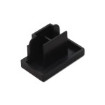 Czarna końcówka do szynoprzewodu 1-fazowego HQ Masterled, o prostokątnym kształcie. Produkt wykonany z tworzywa sztucznego, z dwoma widocznymi slotami do mocowania. Ujęcie z boku, na jasnym tle, pokazuje detale konstrukcji.