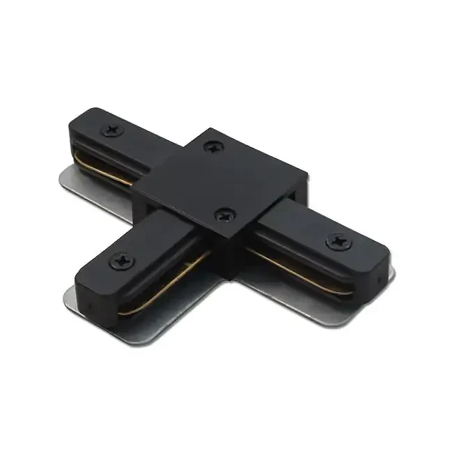 Czarne złącze HQ typu T do szyny 1-fazowej Masterled, z płaskimi końcówkami i widocznymi śrubami mocującymi. Produkt leży na płaskiej powierzchni, z wyraźnie widocznymi elementami do podłączenia.