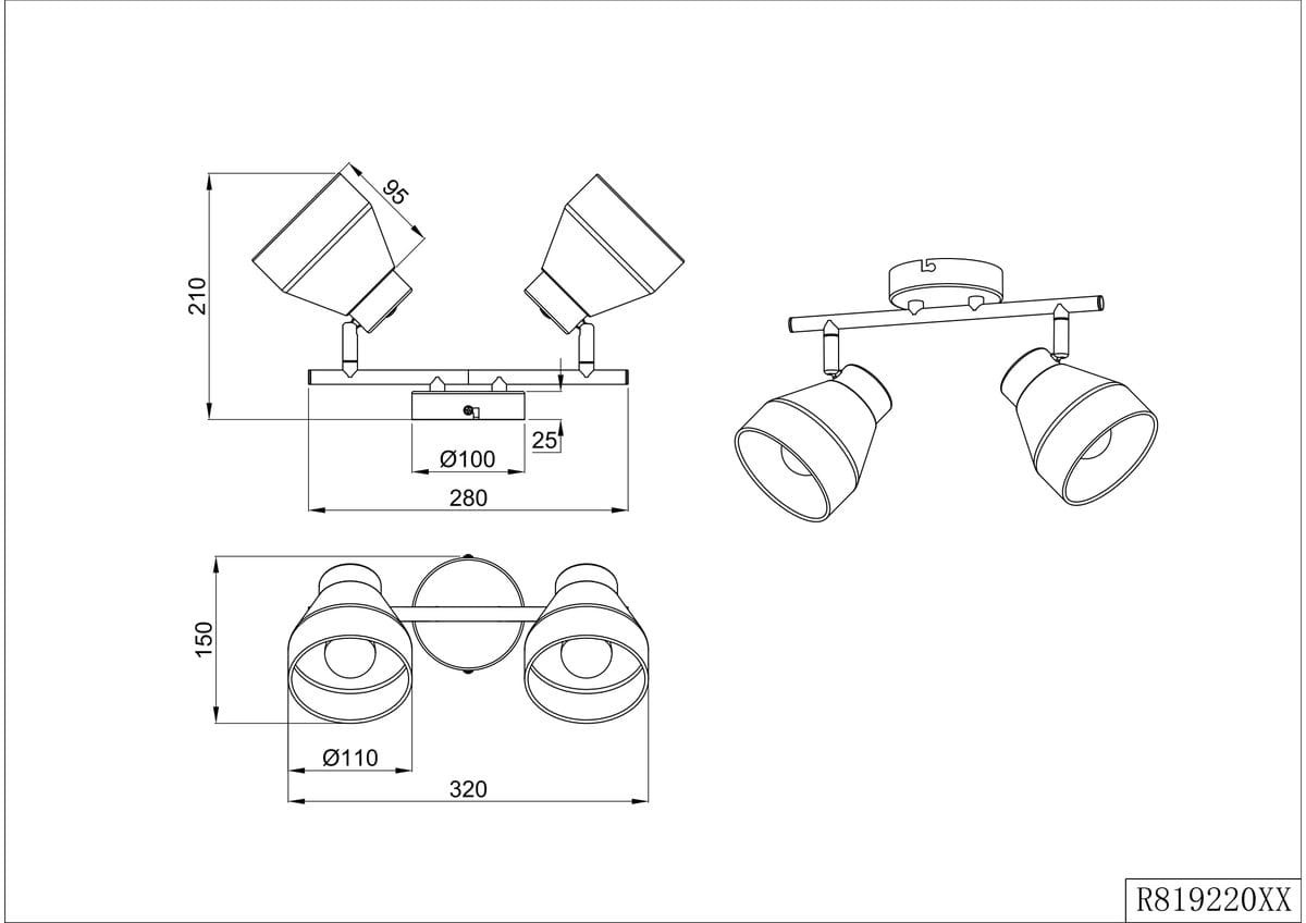 Lampa sufitowa Valentin, biała, z dwoma reflektorami na ruchomej belce. Wymiary: długość 280 mm, wysokość 210 mm, średnica reflektora 100 mm. Reflektory ustawione pod różnymi kątami, idealna do oświetlenia wnętrz.