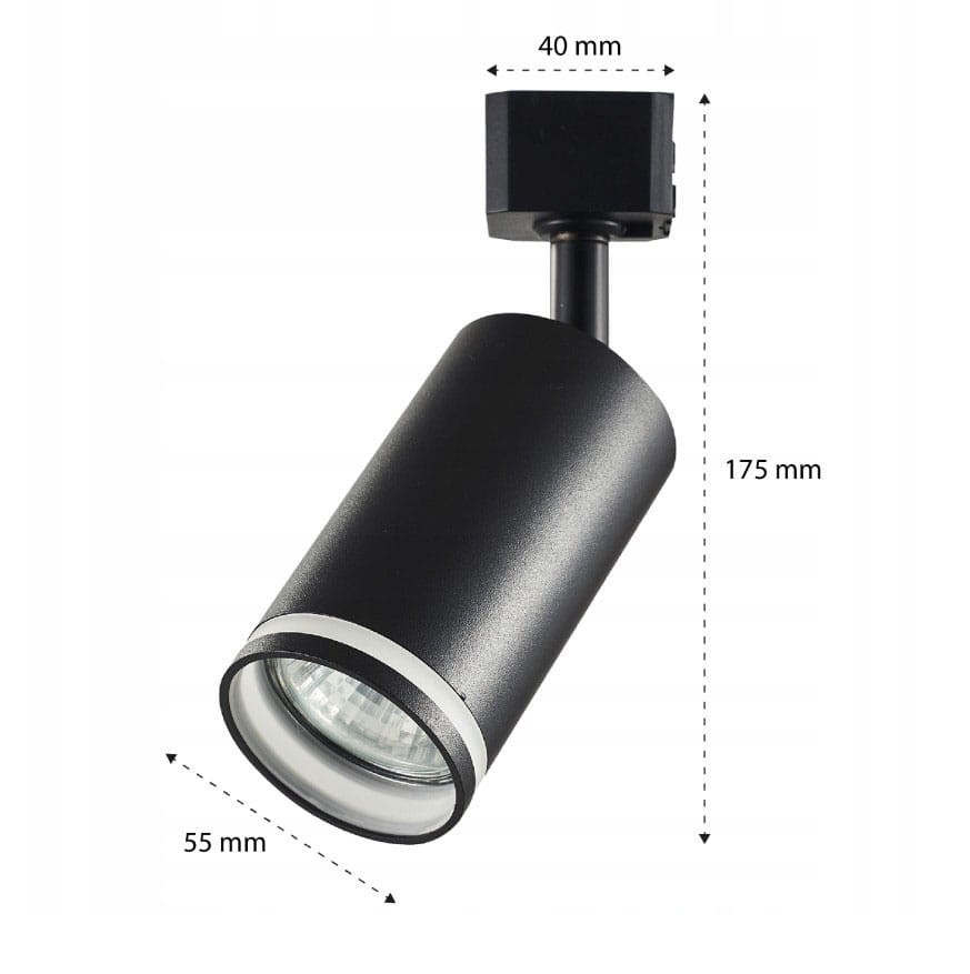 Czarny reflektor spot GU10 do szyny 1-fazowej Masterled, o wymiarach 175 mm wysokości i 55 mm średnicy. Cylindryczny kształt z metaliczną obręczą, montowany na górze, z widoczną soczewką. Idealny do oświetlenia wnętrz.