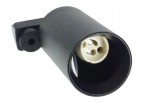 Reflektor spot Tangi GU10 w kolorze czarnym, wykonany z matowego materiału. Ujęcie z boku, pokazujące gniazdo na żarówkę oraz mechanizm montażowy. Produkt przeznaczony do szyny 1-fazowej, idealny do oświetlenia wnętrz.
