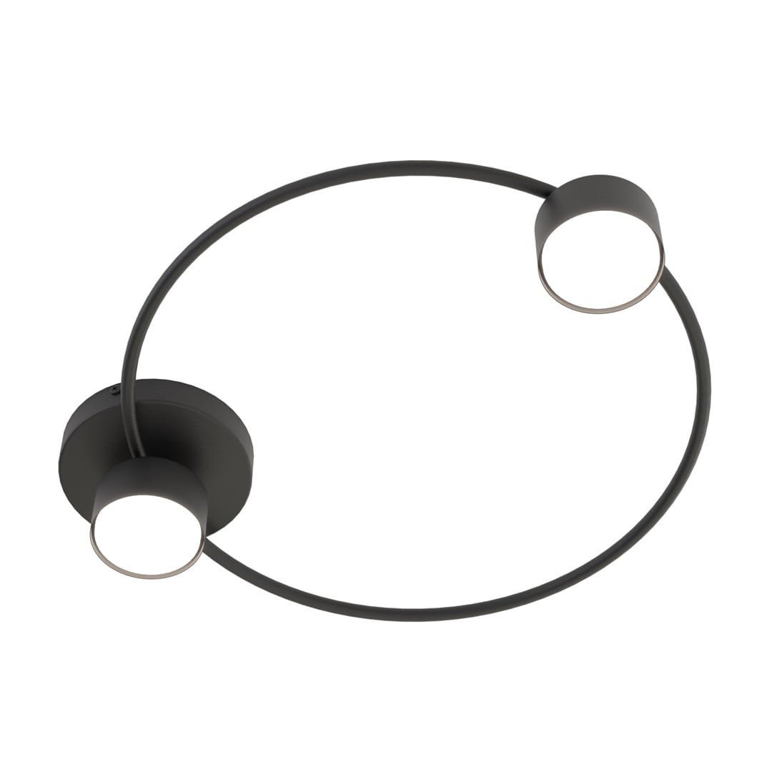 Lampa sufitowa Lucio w czarnym kolorze, z dwoma źródłami światła GX53. Okrągła konstrukcja z metalowym ramieniem, z lampami umieszczonymi na końcach. Ujęcie z góry, pokazujące całość lampy w minimalistycznym stylu.