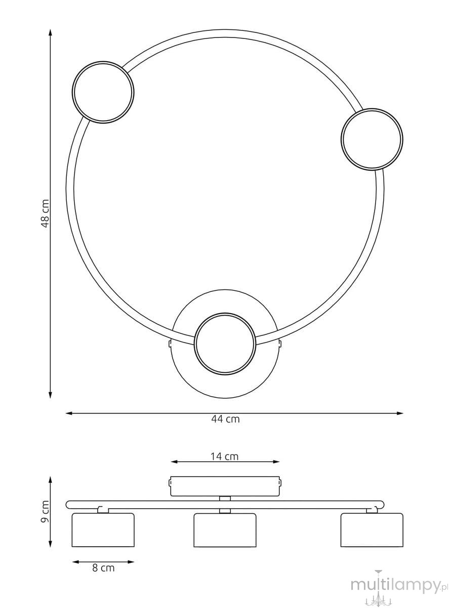 Lampa sufitowa Lucio w kolorze czarnym, z trzema źródłami światła GX53, o okrągłym kształcie. Wymiary: średnica 44 cm, wysokość 48 cm. Zawieszenie na płaskiej podstawie o wymiarach 14 cm x 9 cm, z trzema cylindrycznymi kloszami o średnicy 8 cm.