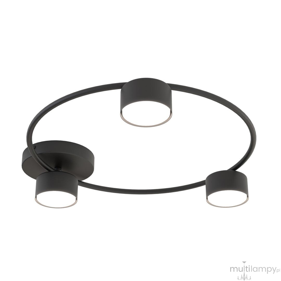Lampa sufitowa Lucio w kolorze czarnym, z trzema oprawami GX53, umieszczona na okrągłej podstawie. Oprawy mają cylindryczny kształt z widocznymi źródłami światła, całość w minimalistycznym stylu. Idealna do nowoczesnych wnętrz.
