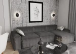 Czarna lampa stołowa Mush 2xG9, o zaokrąglonej podstawie i minimalistycznym designie, umieszczona na czarnym marmurowym stole. Obok znajduje się szary narożnik i dekoracyjny bukiet w wazonie. W tle widoczna szara ściana z obrazem.