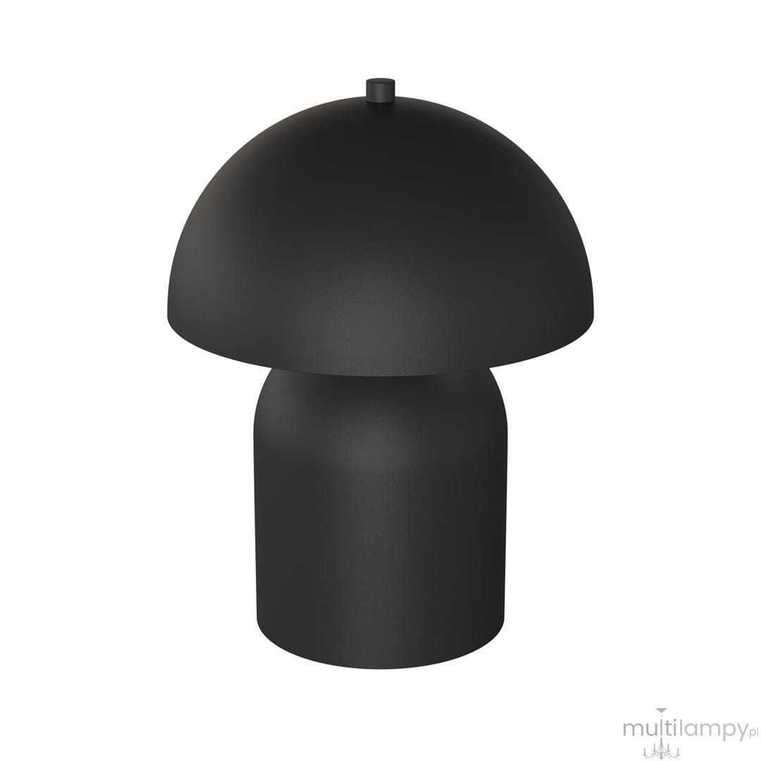 Lampa stołowa Mush w kolorze czarnym, o kształcie przypominającym grzyb. Posiada okrągły klosz i cylindryczną podstawę. Ujęcie frontalne, ukazujące gładką, matową powierzchnię bez widocznych napisów czy logo. Idealna do nowoczesnych wnętrz.