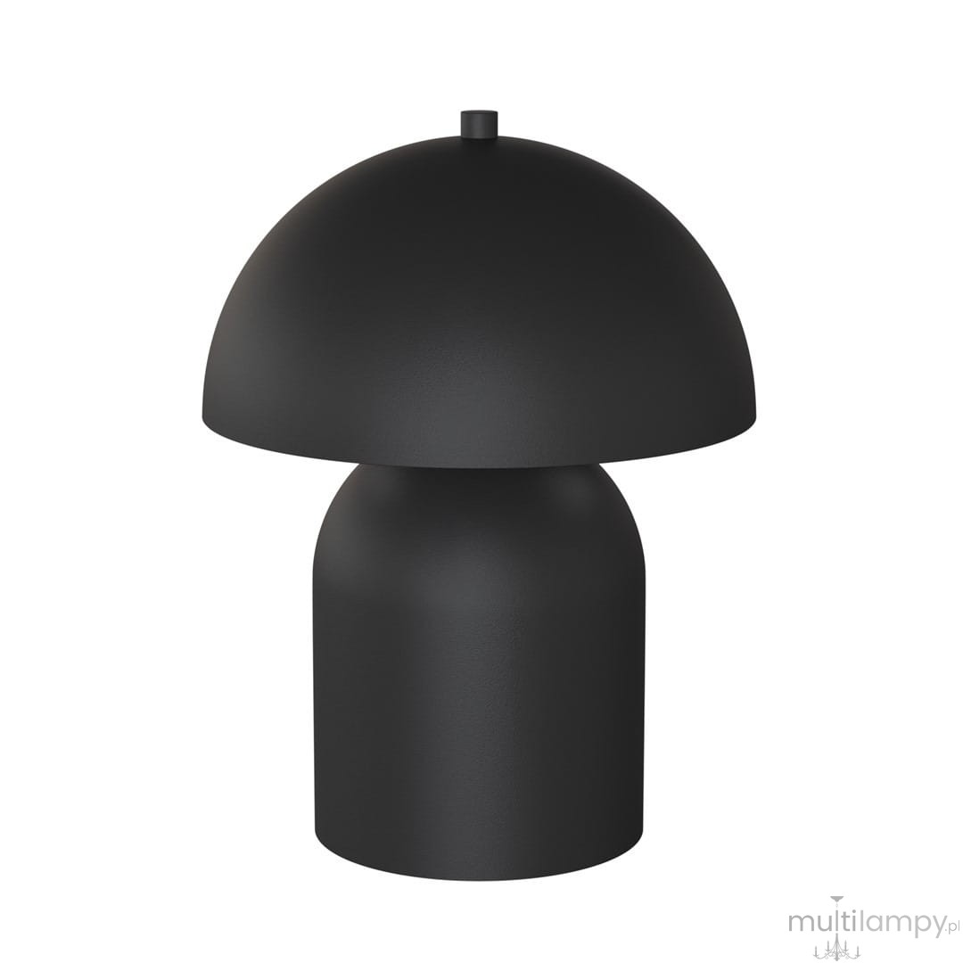 Lampa stołowa Mush w kolorze czarnym, o okrągłym kloszu i cylindrycznej podstawie. Ujęcie frontalne, produkt ma matową powierzchnię. Przeznaczona do dwóch żarówek G9. Tło białe, co podkreśla elegancki design lampy.