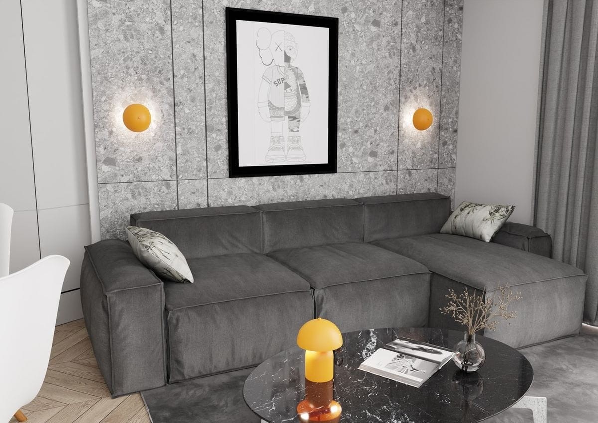 Pomarańczowa lampa stołowa Mush 2xG9, o zaokrąglonym kształcie, umieszczona na czarnym, marmurowym stole. Lampa wyróżnia się prostym designem, z płaską podstawą i kloszem w kształcie grzyba.