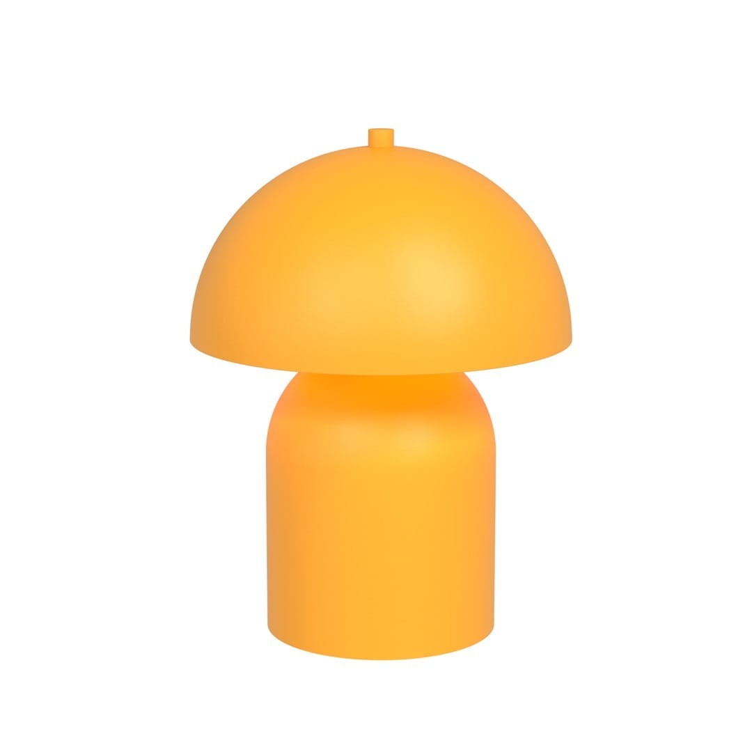 Pomarańczowa lampa stołowa Mush z kloszem w kształcie grzyba. Wykonana z matowego materiału, ma cylindryczną podstawę. Ujęcie frontalne, produkt stoi na płaskiej powierzchni, bez dodatkowych elementów w tle. Dwa gniazda G9 widoczne na górze.