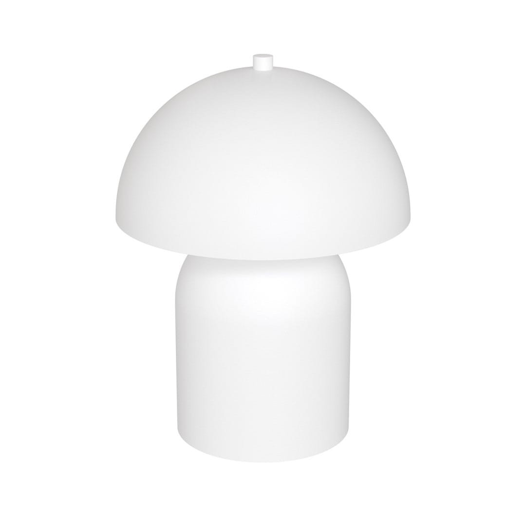 Lampa stołowa Mush w kolorze białym, z dwoma oprawami G9. Ma zaokrągloną, kopułowatą głowicę i cylindryczną podstawę. Ujęcie frontalne, na jednolitym tle. Idealna do nowoczesnych wnętrz.
