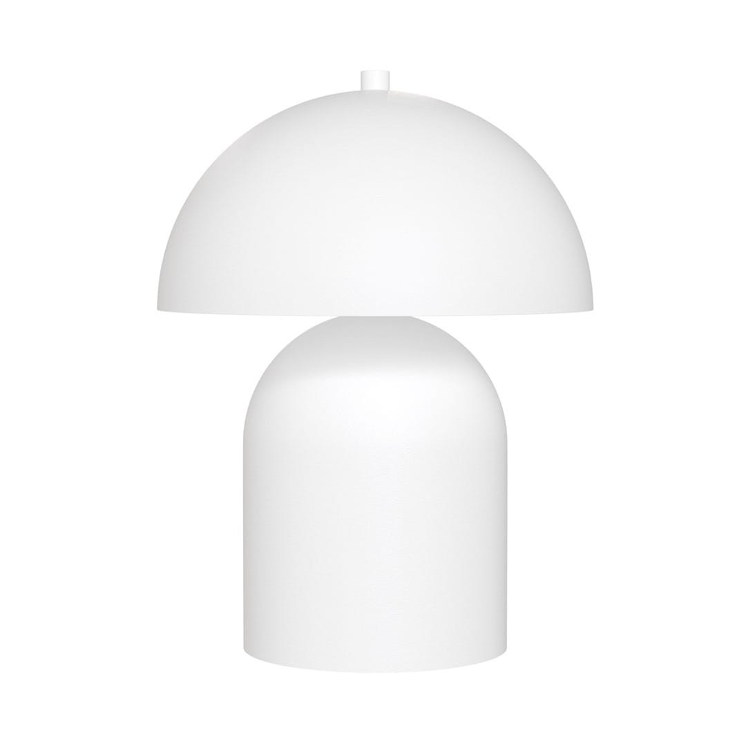 Lampa stołowa Mush w kolorze białym, o zaokrąglonym kloszu i cylindrycznej podstawie. Zastosowanie dwóch gwintów G9. Produkt wyeksponowany frontalnie, na jednolitym tle.