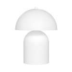 Lampa stołowa Mush w kolorze białym, o zaokrąglonym kloszu i cylindrycznej podstawie. Zastosowanie dwóch gwintów G9. Produkt wyeksponowany frontalnie, na jednolitym tle.