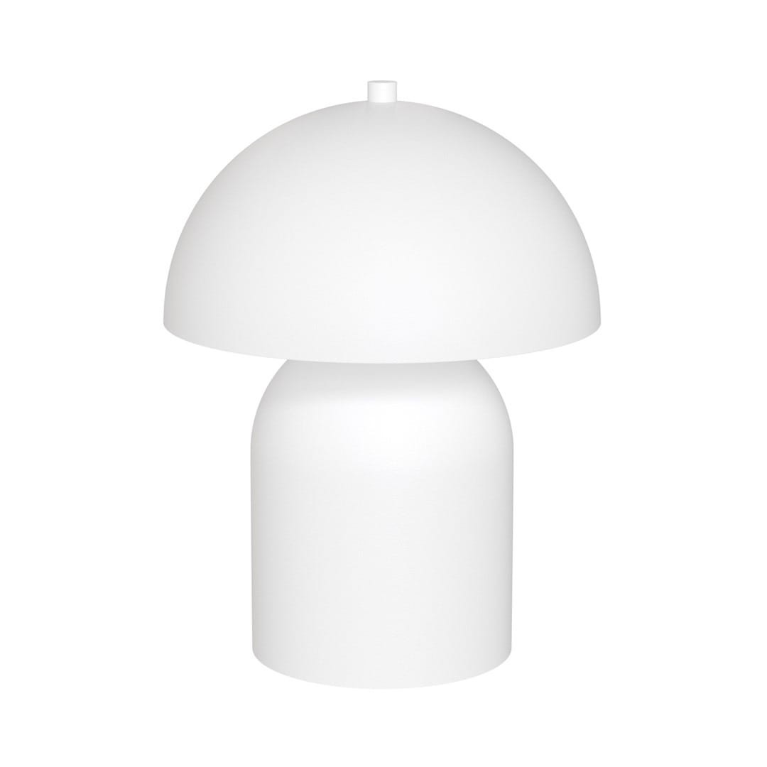 Lampa stołowa Mush w kolorze białym, z okrągłym kloszem w kształcie półkuli i cylindryczną podstawą. Ujęcie frontalne, produkt stoi na płaskiej powierzchni, bez widocznych napisów czy logo. Idealna do nowoczesnych wnętrz.