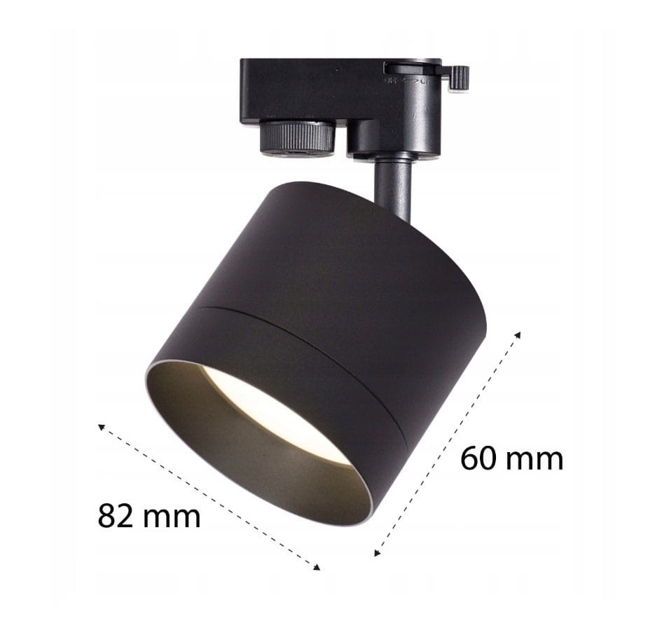 Reflektor spot GX53 w kolorze czarnym, montowany na szynie 1-fazowej. Cylindryczny kształt o średnicy 60 mm i wysokości 82 mm. Wyposażony w regulację kąta nachylenia, emitujący jasne światło. Prosty design, idealny do nowoczesnych wnętrz.