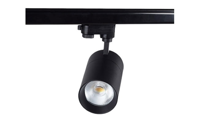Reflektor spot LED 10W w czarnym kolorze, montowany na szynie 1-fazowej. Cylindryczny kształt z widoczną soczewką, umieszczony w dół, zapewnia efektywne oświetlenie. Idealny do zastosowań komercyjnych i domowych.